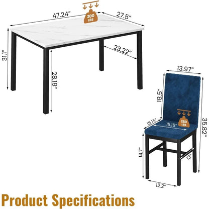 Juego de comedor de mármol Recaceik para 4 personas: mesa de imitación de mármol y 4 sillas tapizadas de terciopelo para cocina o comedor (blanco y azul)