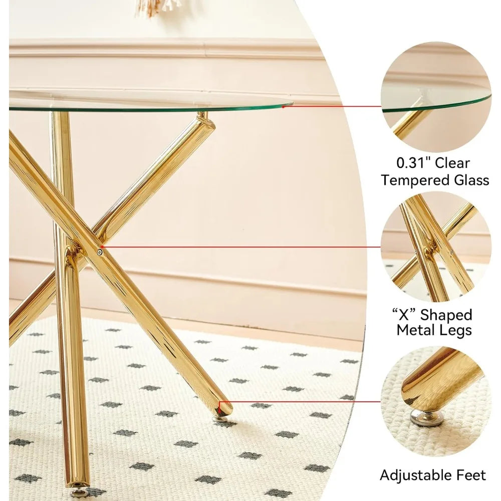 Juego de mesa de comedor para 4, mesa de comedor de vidrio de 36" con patas de metal en cruz, 4 sillas tapizadas en terciopelo, juego de comedor de 5 piezas