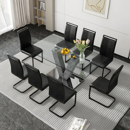 Juego de mesa de comedor para 8 personas, juego de mesa de comedor de vidrio dorado, mesa y 8 sillas de comedor tapizadas de cuero sintético, escritorio de comedor grande de 71''