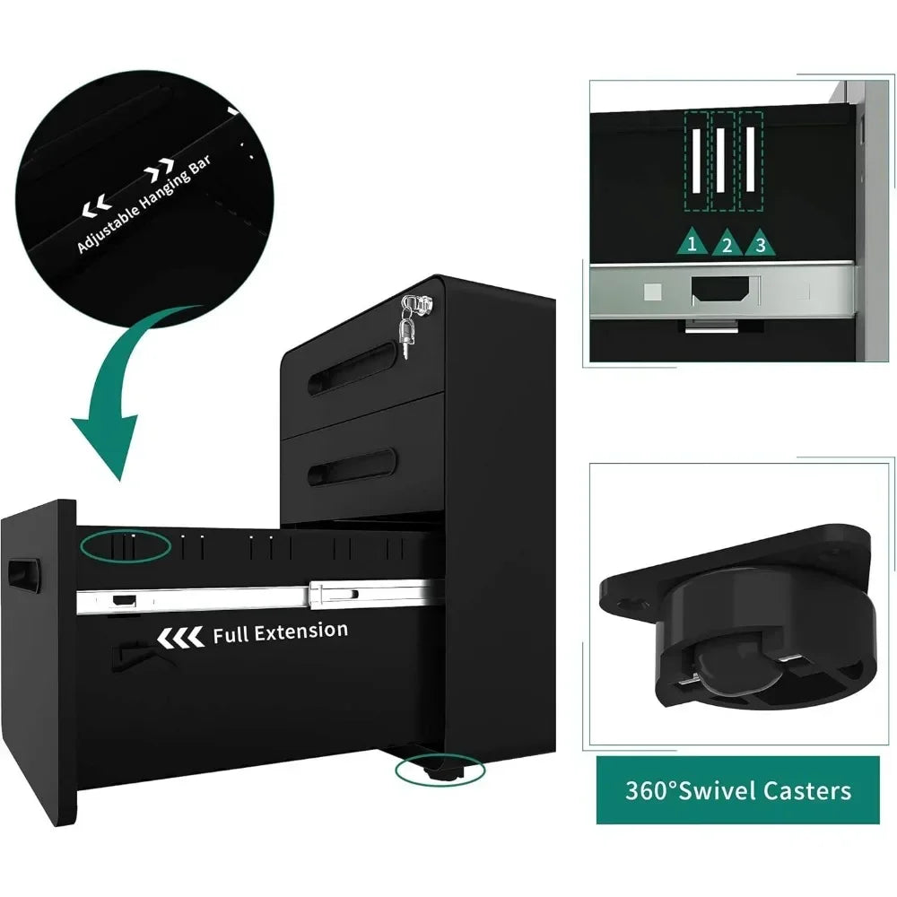 3-Drawer Rolling File Cabinet, Metal Mobile File Cabinet with Lock, Filing Cabinet Under Desk fits Legal/A4 Size for Home Office