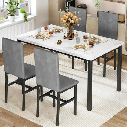 Ensemble de table à manger pour 4 personnes, table de cuisine moderne et chaises peu encombrantes avec faux marbre Ensemble de table de salle à manger 5 pièces Meubles