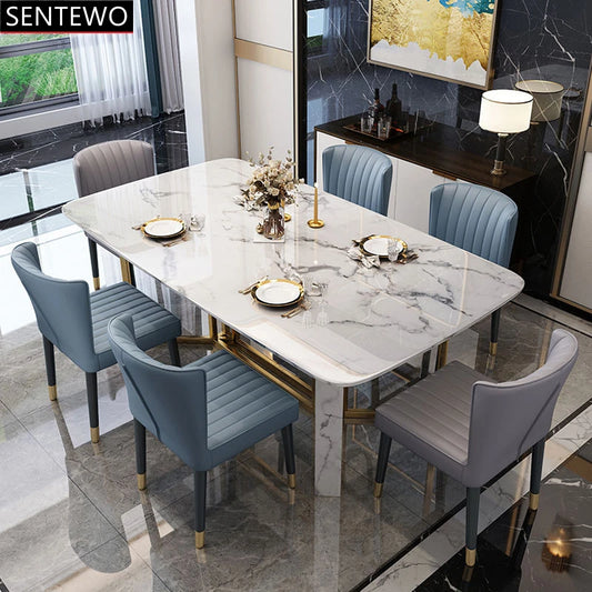 SENTEWO Table à manger de cuisine en marbre de luxe italien avec 6 chaises Ensemble de meubles à cadre doré en acier inoxydable Cadeiras De Jantar