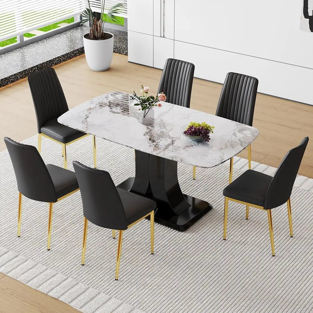 Juego de mesa de comedor moderno para 6 personas, juego de mesa y sillas de mármol para 6 personas, mesa rectangular con 6 sillas acolchadas de cuero sintético