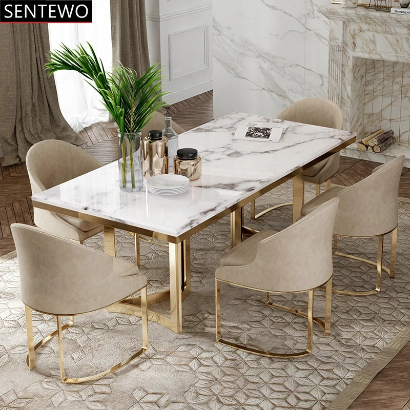 SENTEWO Ensemble de table à manger de cuisine en marbre de luxe italien avec 4 chaises et cadre doré en métal émaillé titane pour table à manger Mesa Jantar