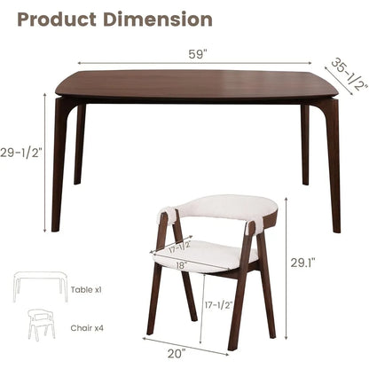 Ensemble de table à manger pour 4 à 6 personnes, comprenant 1 table et 4 chaises, plateau en placage de noyer, cadre en bois massif, grain de bois naturel, assemblage facile