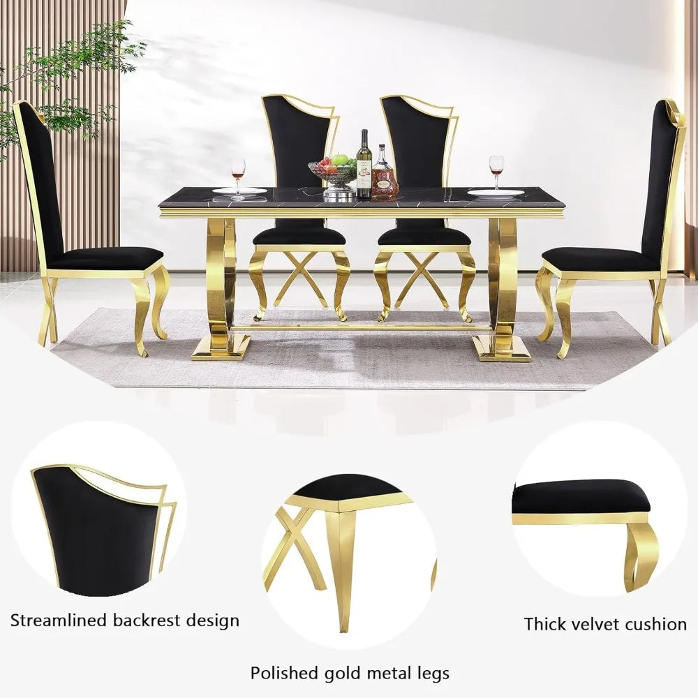 Juego de mesa de comedor de lujo, mesa de comedor moderna con base en U de 72 pulgadas con 6 sillas de comedor tapizadas en terciopelo negro, juego de comedor