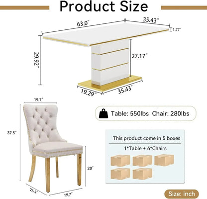 Juego de mesa de comedor para 6 personas, juego de mesa con sillas de comedor con mechones, mesas de cocina con base de acero inoxidable, juego de mesas y sillas de comedor