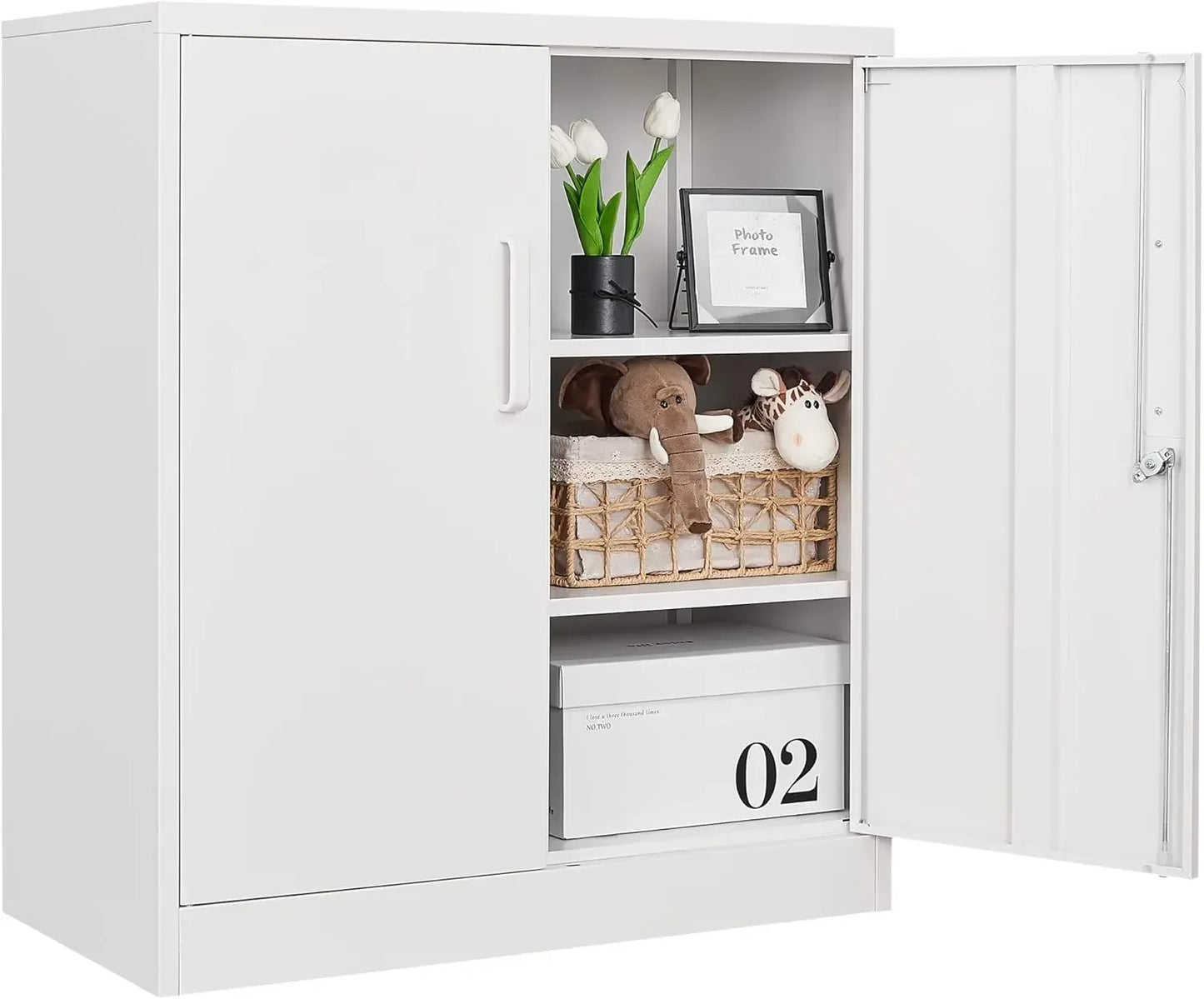 Metal Storage Cabinets with Lock, Small Locker Organizer Steel Cabinets, Adjustable Layers Shelves 2 Doors for Home, Office