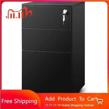 3-drawer Lockable Filing Cabinet, Metal Rolling Filing Cabinet for Home Office, Thin 11.8-inch Small Desk Cabinet, Black