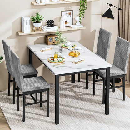 Ensemble de table à manger pour 4 personnes, ensemble de table et de chaises de cuisine pour 4 personnes, ensemble de table à manger en faux marbre avec 4 chaises en velours rembourrées