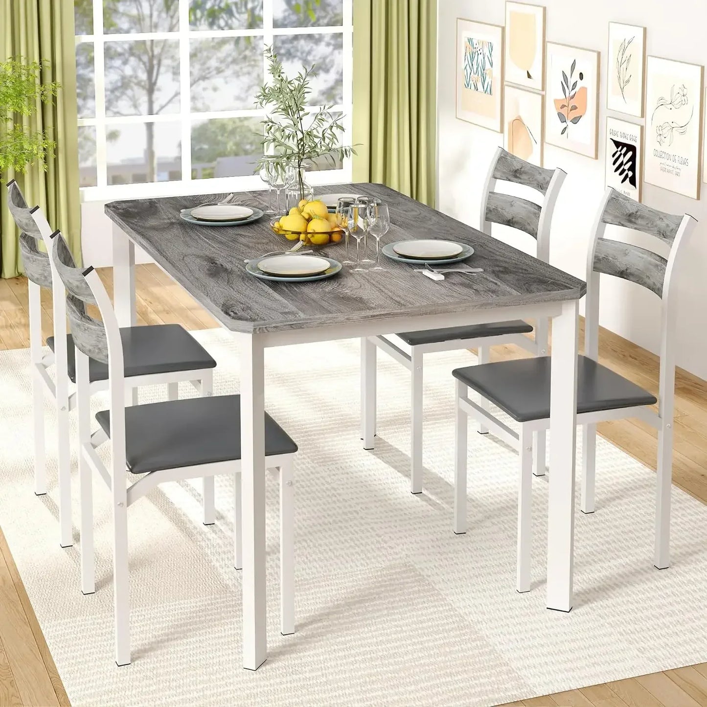 Juego de mesa de comedor para 4, mesa de comedor de 43,3" con 4 sillas tapizadas de cuero sintético, juego de mesa y sillas de cocina de madera moderna