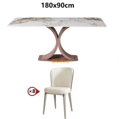 Mesa de comedor de lujo SENTEWO con losa de roca y silla de acero inoxidable con base de oro rosa y mármol sintético, muebles para cocina