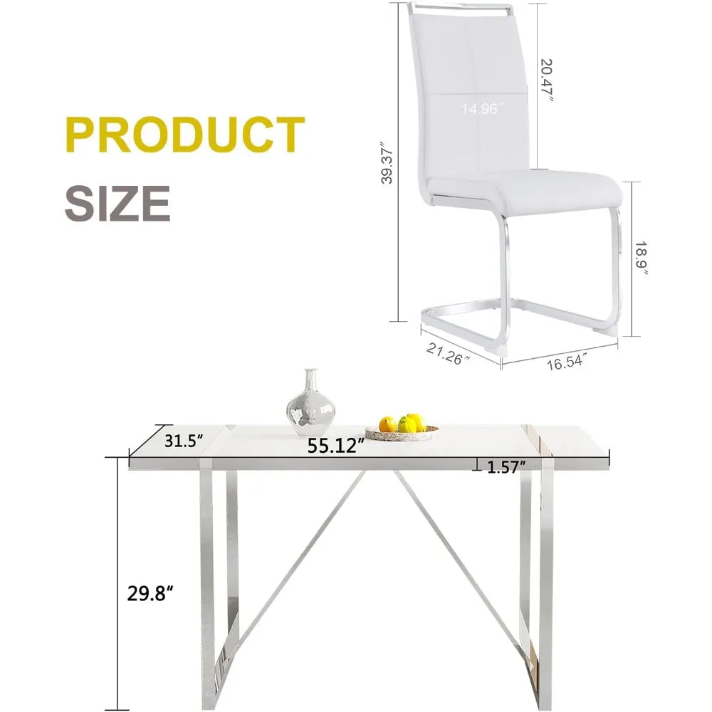 Juego de mesa de comedor para 4, mesa de cocina de MDF rectangular blanca y juego de 4 sillas de comedor de cuero, juego de mesa de comedor de 5 piezas