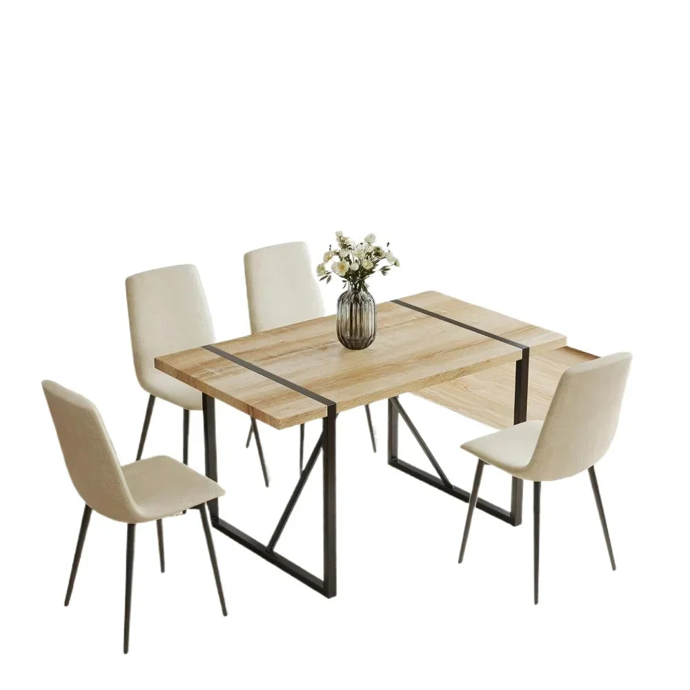 Modern Dining Table Set for 4, Rectangular Dining Table and 4 Beige Dining Chairs Suitable for Living Room, Dining Room, Kitchen