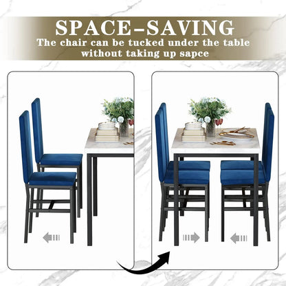 Ensemble de table à manger pour 4 personnes - Table de cuisine peu encombrante et chaises pour 4 personnes, plateau de table en faux marbre de style moderne et 4 chaises en velours bleu