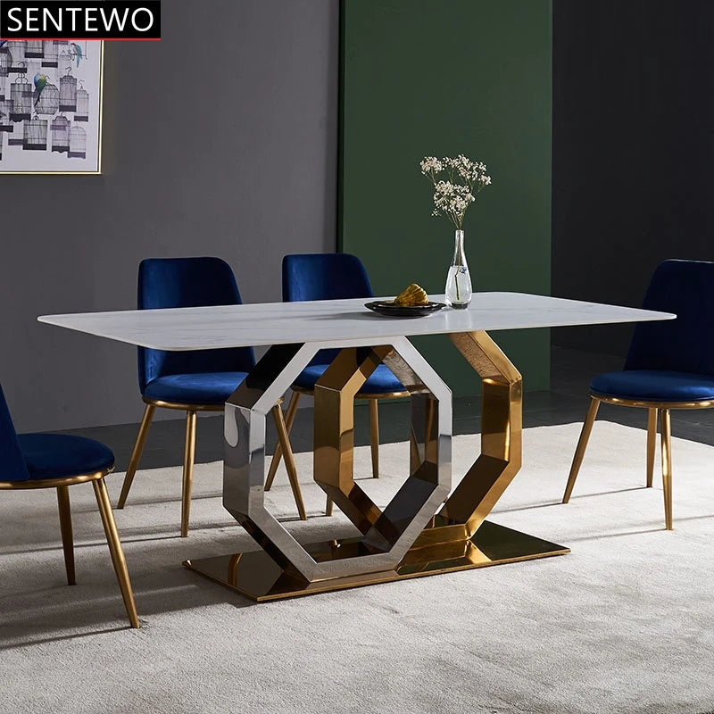 Mesa de comedor de mármol de lujo SENTEWO con 8 sillas de comedor, mesa de comedor con marco dorado, juego de sillas de mármol Basse