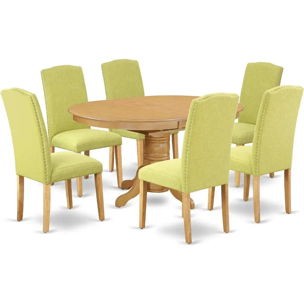 Mesas de comedor, juego de muebles de comedor de 7 piezas que consta de una mesa de madera ovalada con hojas de mariposa, mesas de comedor