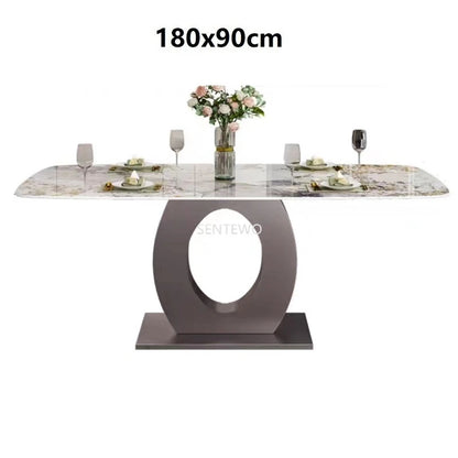 Juego de mesa de comedor de lujo de diseñador con losa de mármol y 8 sillas, mesa de comedor, muebles de mármol, base de acero inoxidable dorado