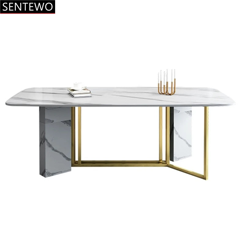 SENTEWO Table à manger de cuisine en marbre de luxe italien avec 6 chaises Ensemble de meubles à cadre doré en acier inoxydable Cadeiras De Jantar