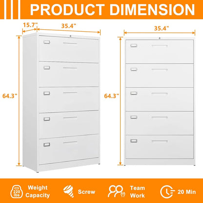 File Cabinet 5 Drawer, Lateral Filing Cabinet with Lock, Metal File Cabinets for Home Office, Office Cabinet for Hanging Files L