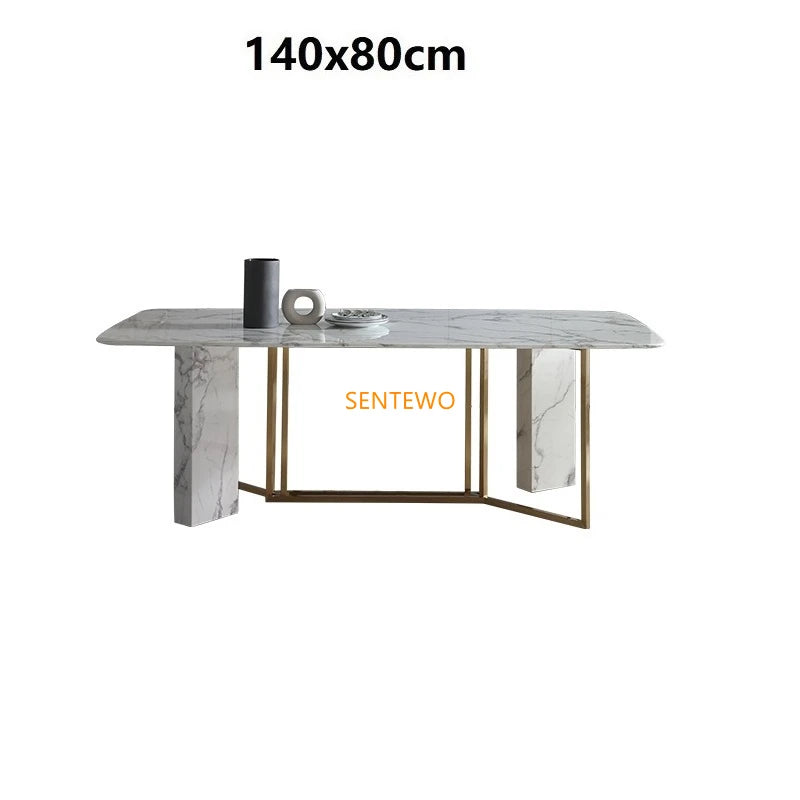 SENTEWO - Mesa de comedor de cocina de lujo italiana de mármol, juego de sillas de acero inoxidable con marco dorado y 6 sillas