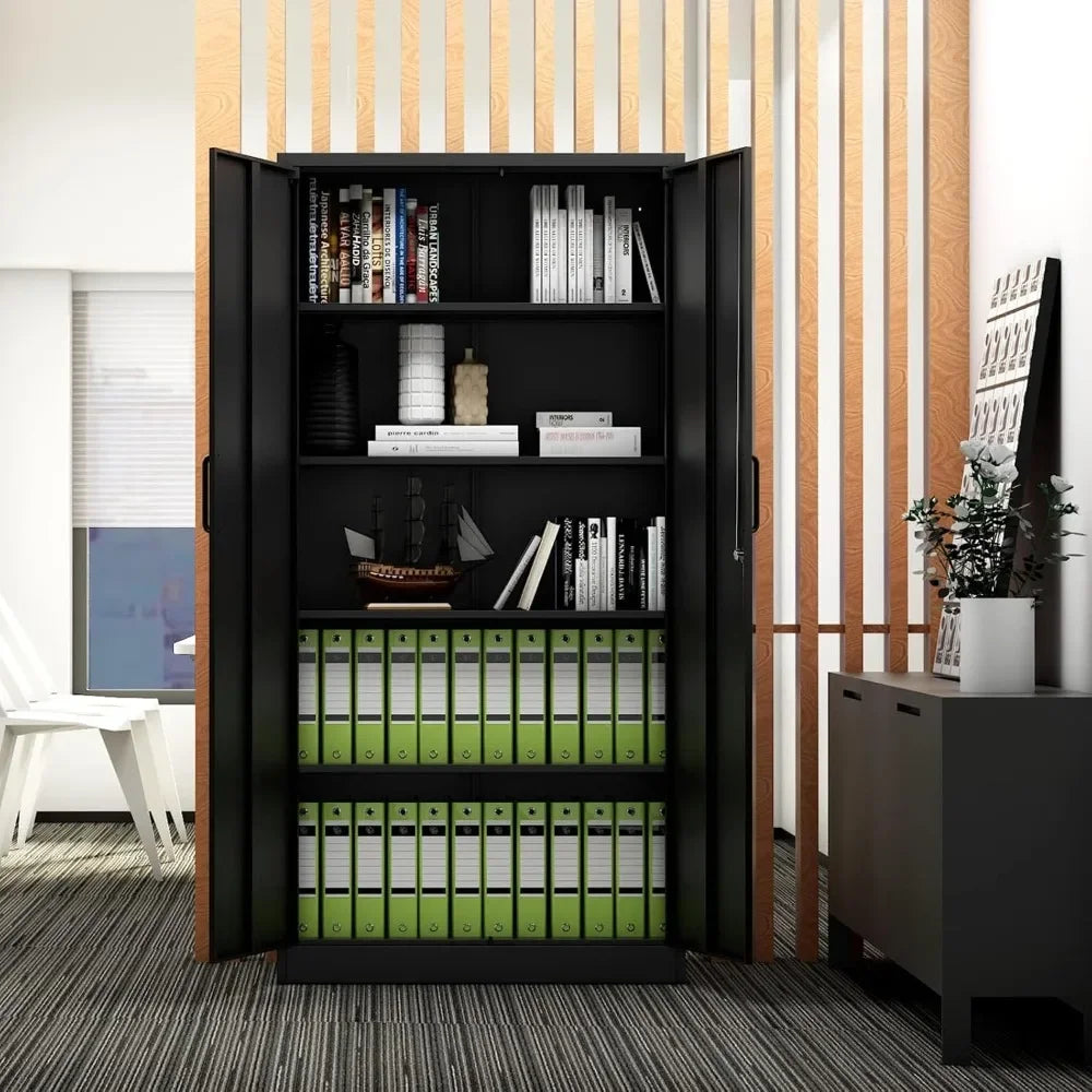 Metal Storage Cabinet-71” Tall Steel File Cabinets with Lockable Doors and Adjustable Shelves-Black Steel Storage Cabinet