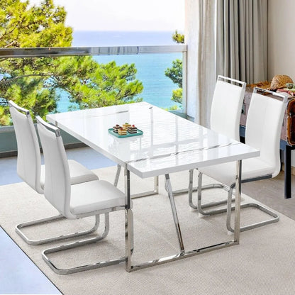 Juego de mesa de comedor para 4, mesa de cocina de MDF rectangular blanca y juego de 4 sillas de comedor de cuero, juego de mesa de comedor de 5 piezas