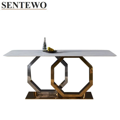 Mesa de comedor de mármol de lujo SENTEWO con 8 sillas de comedor, mesa de comedor con marco dorado, juego de sillas de mármol Basse