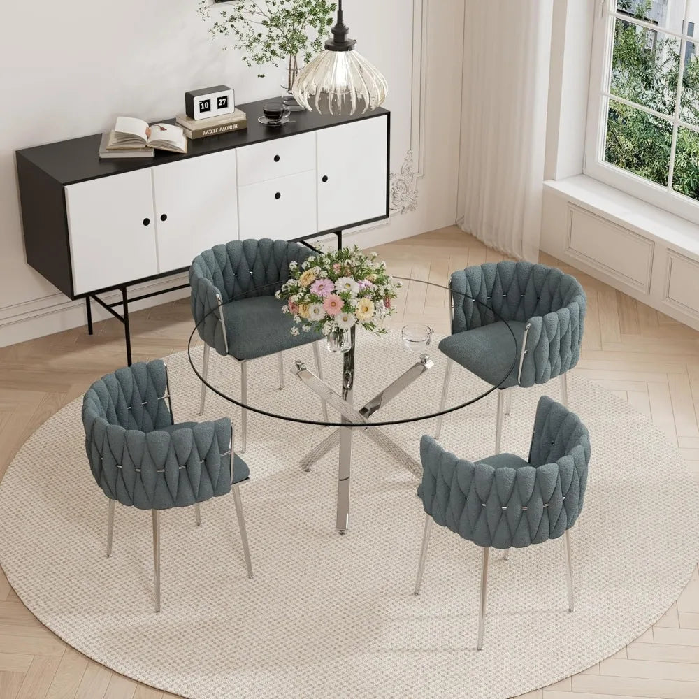 Modern Round Glass Dining Table Set for 4 People, 47" Clear Round Kitchen Table and Chair Set, Blue Home Woven Dining Chair