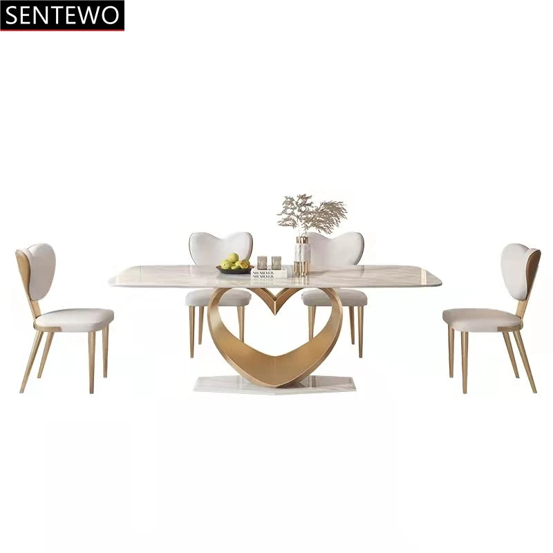 SENTEWO Ensemble de table à manger de luxe en dalle de roche avec 8 chaises en métal, base en titane et or, tables en faux marbre, meubles de maison, meubles de cuisine