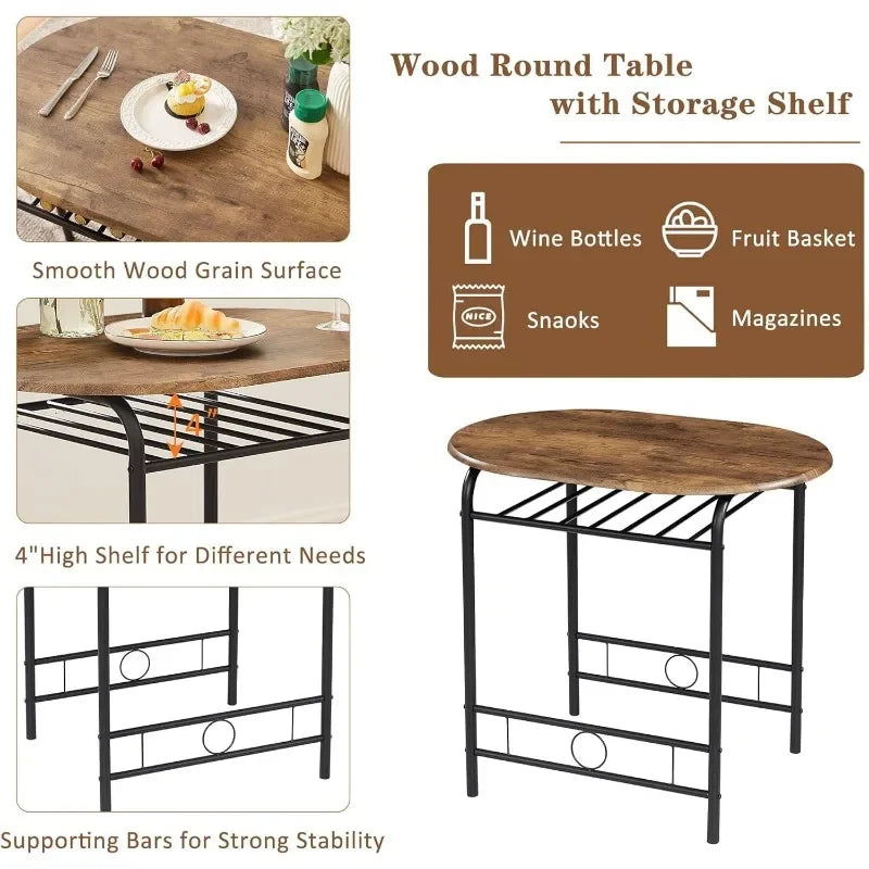 Ensemble de table à manger pour coin petit-déjeuner de cuisine, plateau de table ovale en grain de bois et cadre en métal avec casier à vin intégré, pour petits espaces