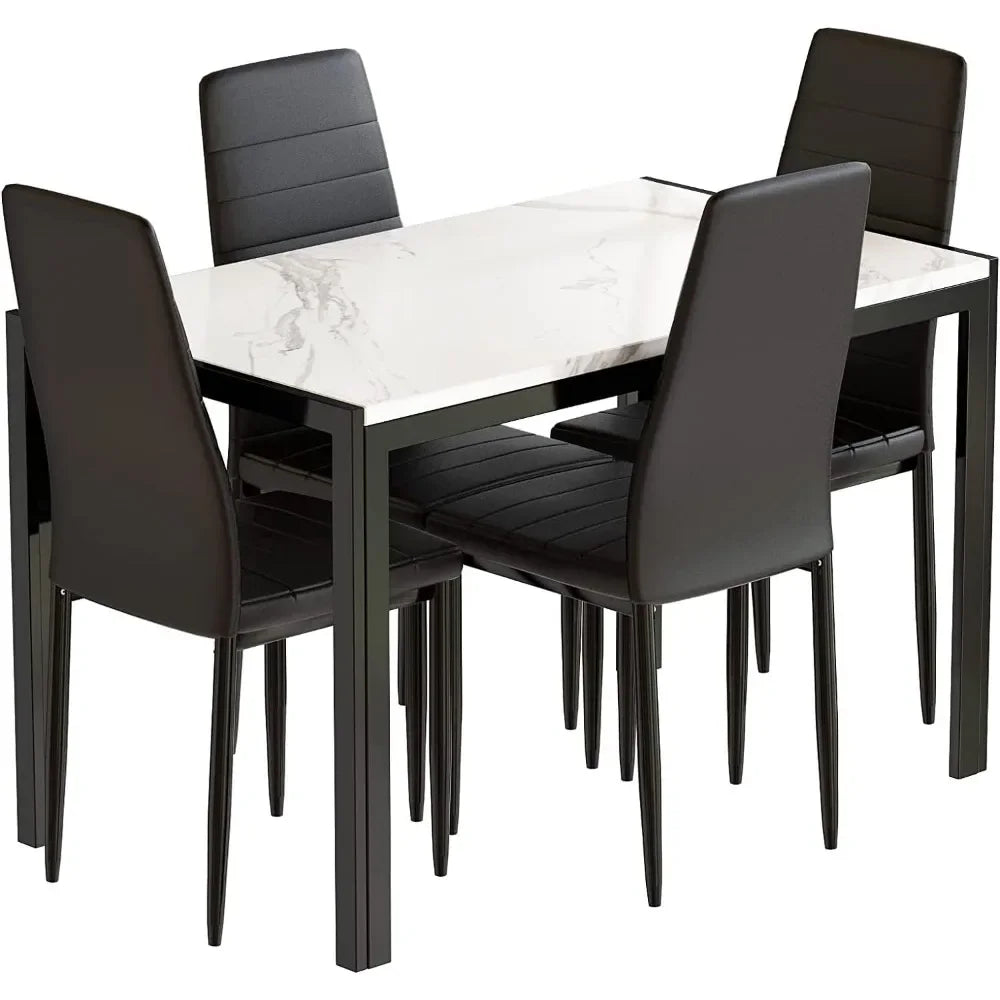 Juego de mesa de comedor de mármol para 4, mesa rectangular de imitación de mármol y 4 sillas de cuero PU, juego de mesa de cocina de 5 piezas Juegos de comedor