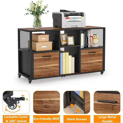 2 Drawer File Cabinets, Mobile Lateral Filing Cabinet for Letter/ A4 Size, Printer Stand with Open Storage Shelves and Drawer