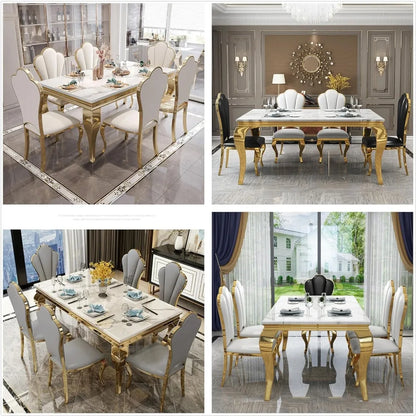 Mesa de comedor para 6-8 personas, mesa de cocina de mármol blanco de 70 pulgadas con patas cabriolé con espejo dorado, mesa de comedor de lujo