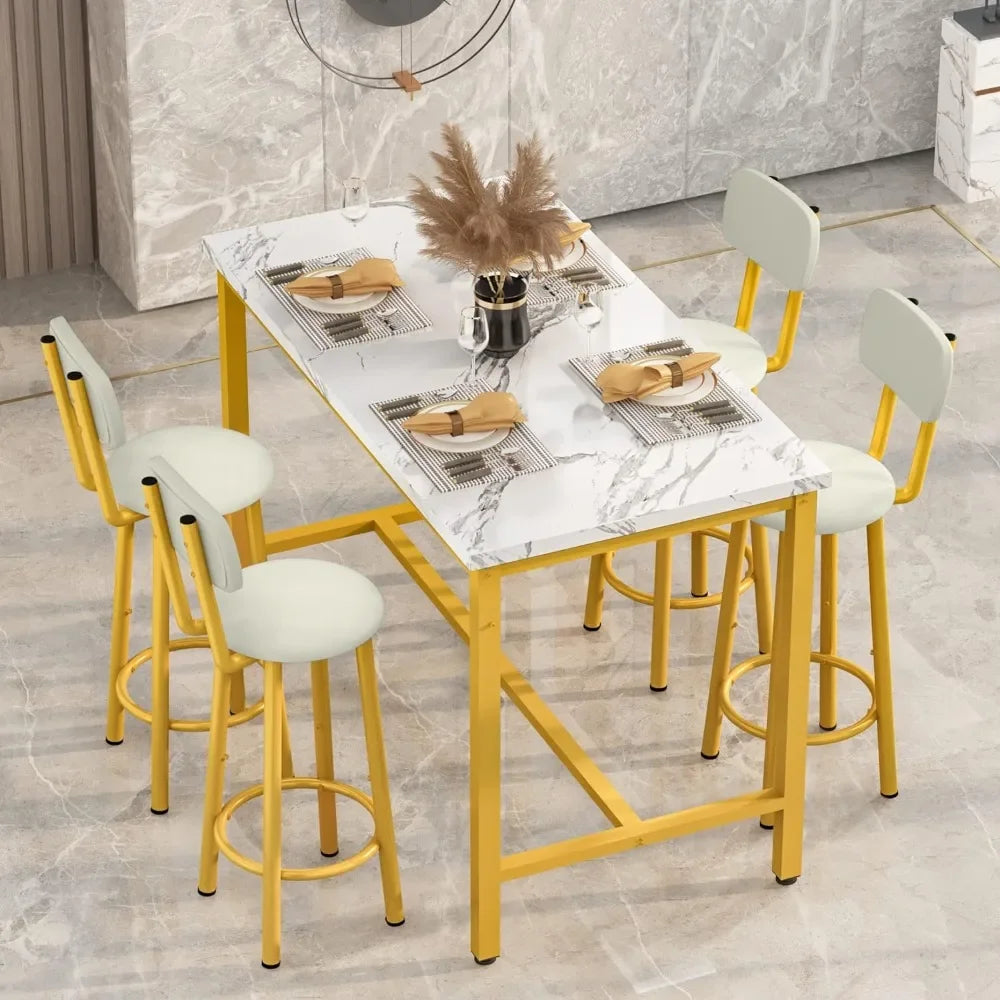 Mesa de comedor de imitación mármol con 4 sillas tapizadas en PU, mesa de desayuno de 5 piezas, mesa de bar y silla de respaldo con reposapiés