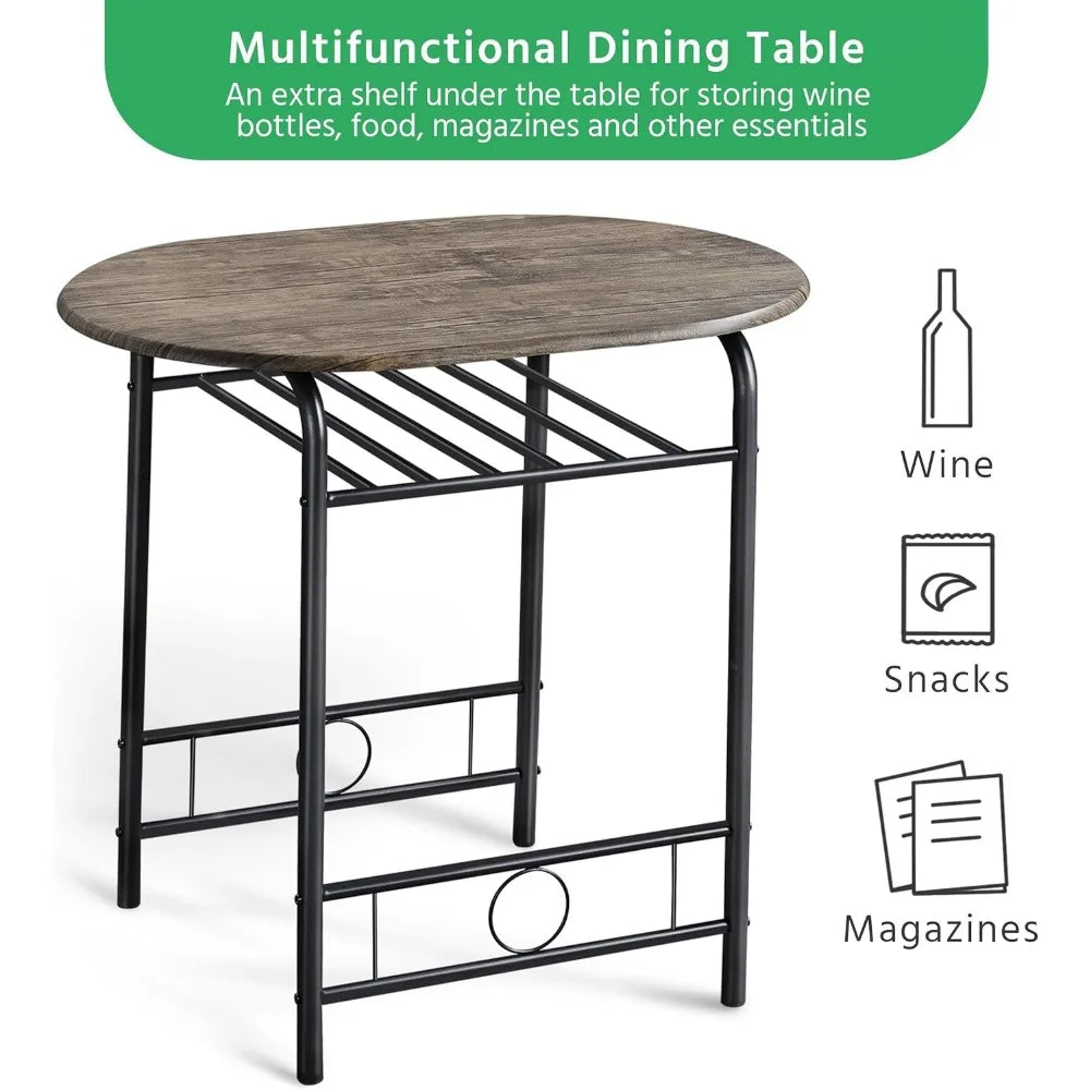 3 Piece Dining Table， Kitchen Table & Chair Sets, Compact Bistro Table Set with Steel Legs, Built-in Wine Rack for Small Space