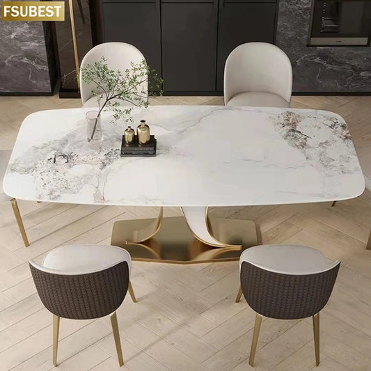 Ensemble de table à manger avec cadre turc et plateau en marbre blanc, table et chaise de salle à manger moderne en acier inoxydable doré pour 6/8 places