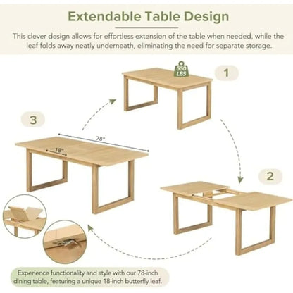 Modern 78inch 6-Piece Extendable Table Set, 4 Upholstered Chairs and Dining Bench, 18" Butterfly Leaf, Natural