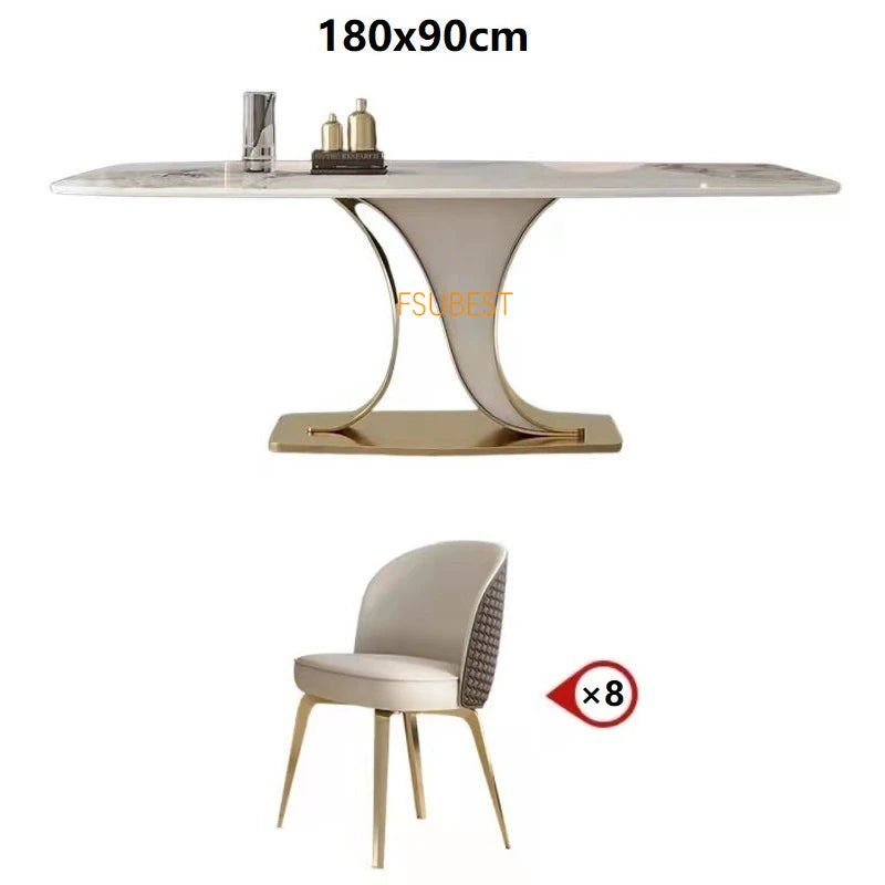 Ensemble de table à manger avec cadre turc et plateau en marbre blanc, table et chaise de salle à manger moderne en acier inoxydable doré pour 6/8 places