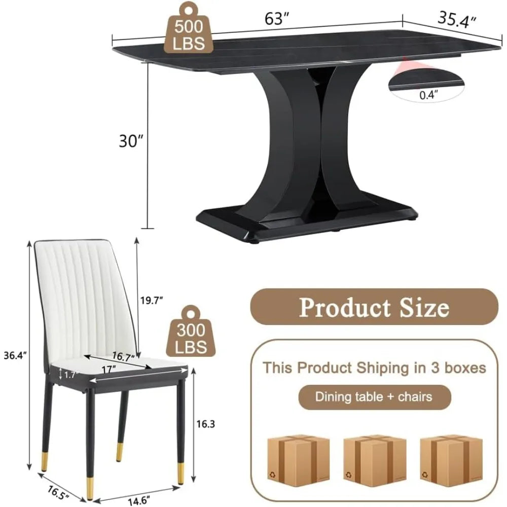 Juego de mesa de comedor moderno para 6 personas, juego de mesa y sillas de mármol para 6 personas, mesa rectangular con 6 sillas acolchadas de cuero sintético