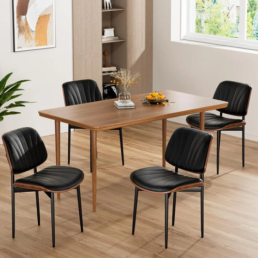 Juego de 4 sillas de comedor de estilo moderno de mediados de siglo tapizadas en cuero sintético con respaldo de madera curvada y patas de metal con tiras de carcasa negras