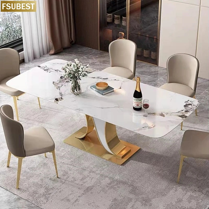 Ensemble de table à manger avec cadre turc et plateau en marbre blanc, table et chaise de salle à manger moderne en acier inoxydable doré pour 6/8 places