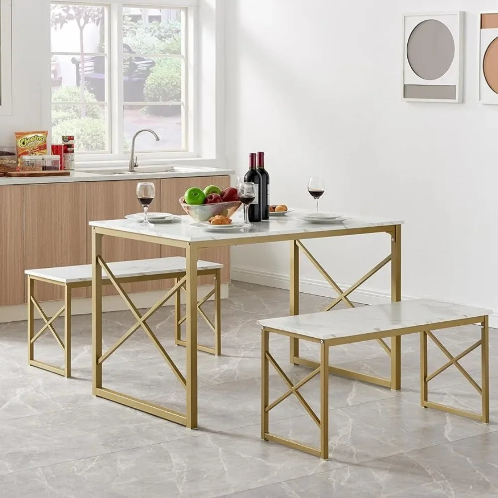 Paquete de 4 sillas de comedor, mesa de cocina con 2 bancos para 4 personas, juego de muebles de sala de estar de 43,3 pulgadas, taburetes de bar blancos y dorados