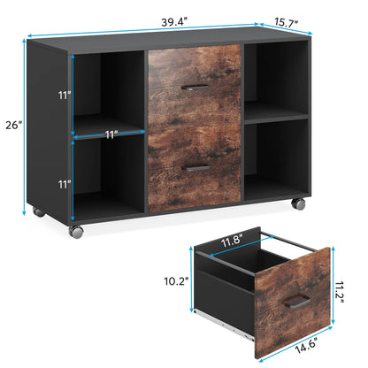 Archivador lateral móvil grande de madera con 2 cajones Tribesigns, archivador con estantes y ruedas, soporte para impresora