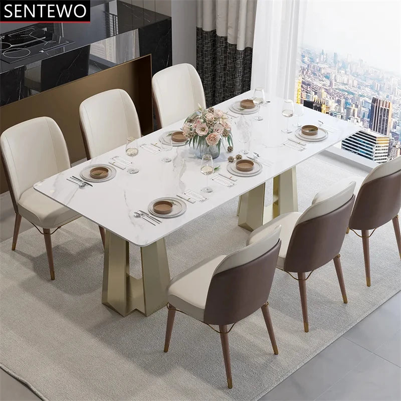 SENTEWO Table à manger de luxe en marbre italien 6 chaises de salle à manger Tables à base dorée en acier inoxydable Meubles de maison Meuble de cuisine