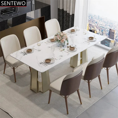 SENTEWO Table à manger de luxe en marbre italien 6 chaises de salle à manger Tables à base dorée en acier inoxydable Meubles de maison Meuble de cuisine