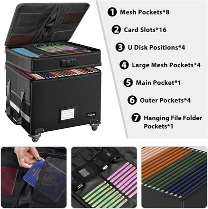 File Box with Lock, Multi-Layer Fireproof Document Box with Wheels,Collapsible Rolling File Storage Organizer Box with Pockets