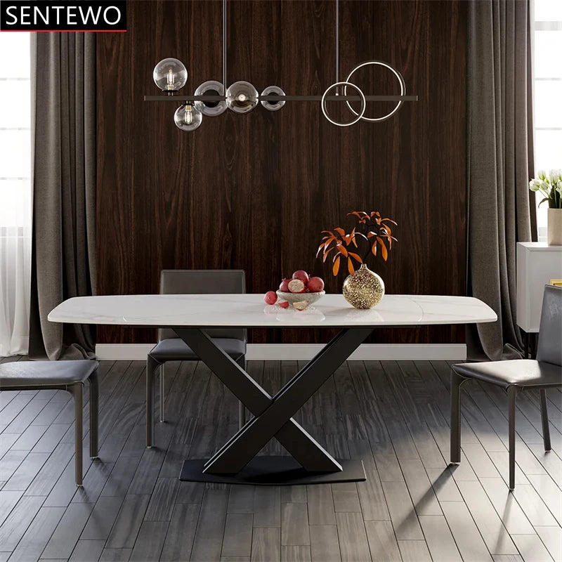 SENTEWO Table à manger extensible moderne en dalle de roche blanche avec 4 6 8 chaises, base en acier au carbone, table pliante noire, livraison gratuite