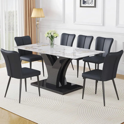 Juegos de comedor, mesa de cocina de 67" de imitación de mármol y 6 sillas de cuero PU, juego de mesa de comedor rectangular para 6