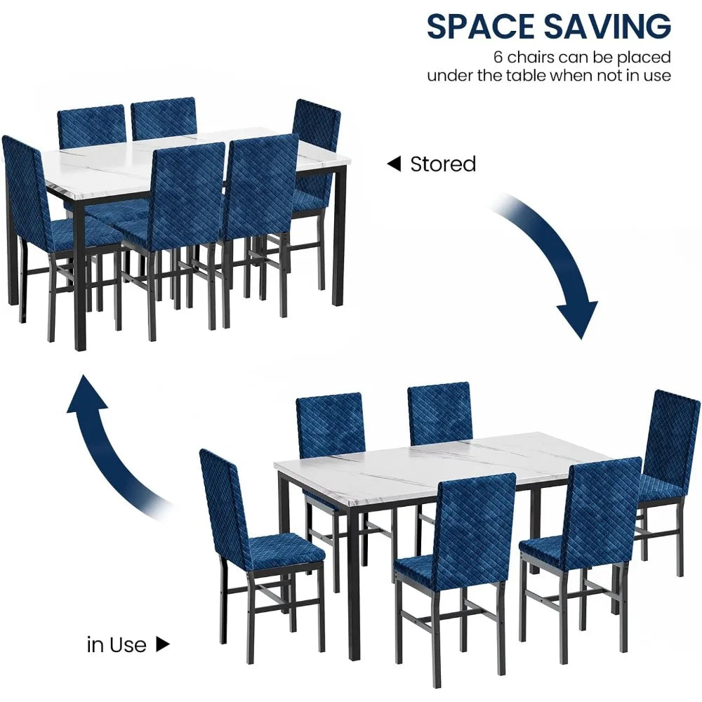 Ensemble de table à manger, grande table de cuisine moderne 7 pièces et chaises avec cadre en métal, ensemble de table de salle à manger avec 6 chaises en velours